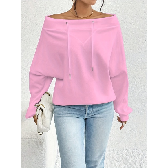 Elegant Style, Women's Casual Off-Shoulder Drawstring Sweatshirt - Chic Loose Fi - Picture 1 of 3